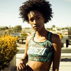 Zoezi Bra Black and Green Damaris Palm Sports Bra Size Small Workout Racerback